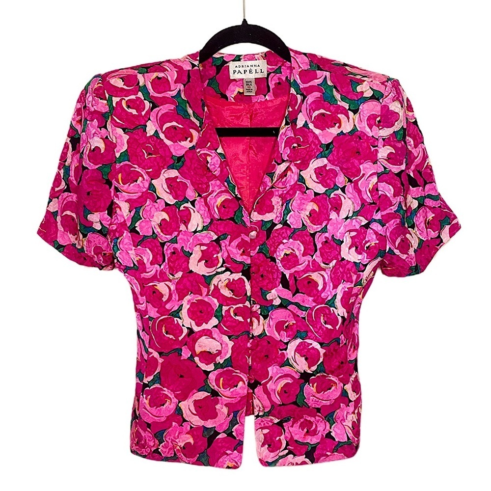 Vintage 100% Silk Pink Floral Blouse Button-Up Shirt Padded Shoulder Cottagecore - Picture 8 of 14